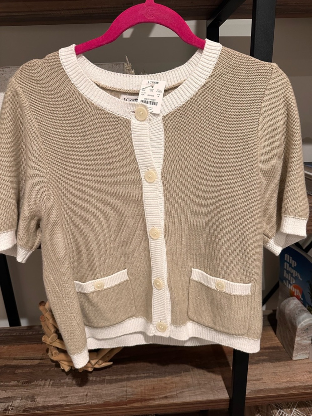 J. Crew Beige Knit Button-Front Short-Sleeve Cardigan with Cream Trim